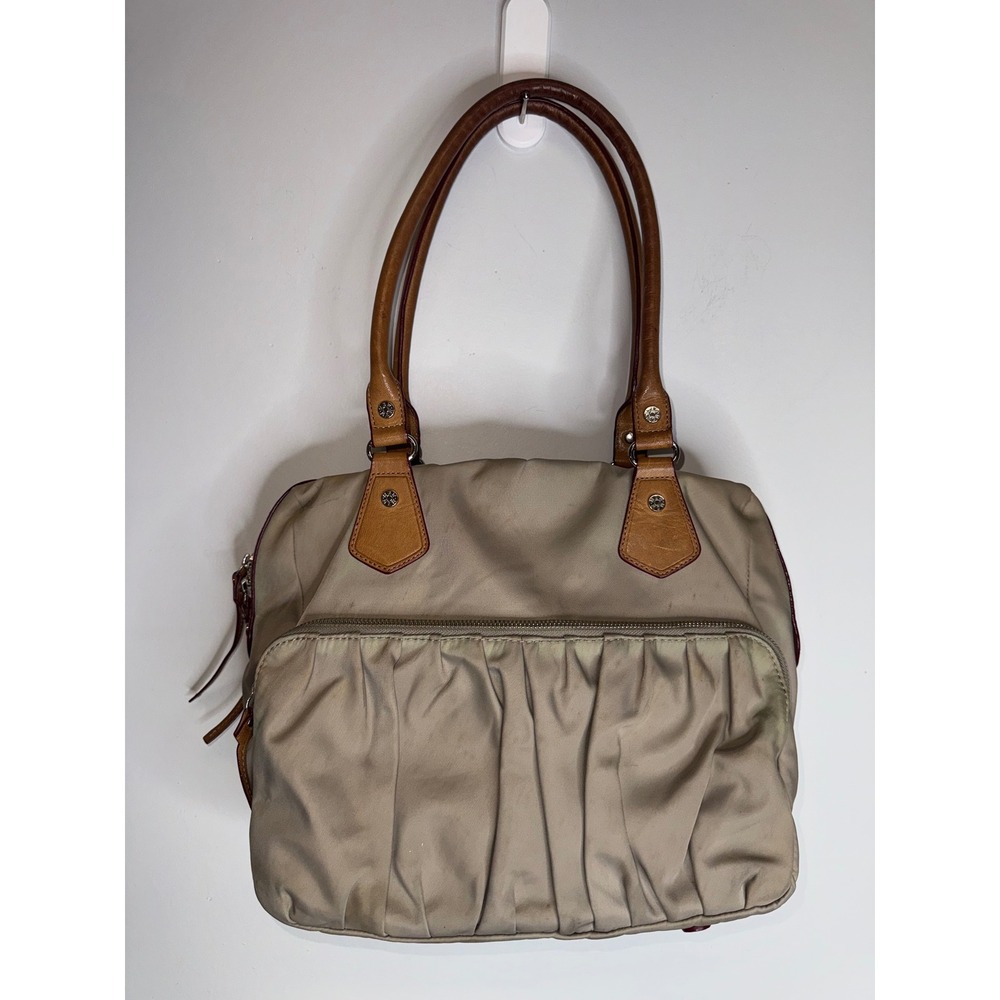 MZ Wallace Khaki Nylon Leather Trim Pleated Shoulder Bag Tan Brown Large
